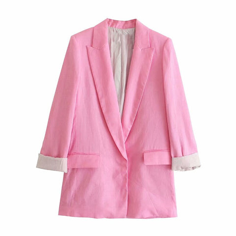 YENKYE Women Linen Blend Printed Cuff Blazer Coat Female Lapel Collar Long Sleeve Office Pink Suit Jacket Autumn Outerwear