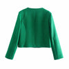 YENKYE Women 2022 Green Tweed Crop Blazer Coat Vintage Pockets Long Sleeve Autumn Winter Outerwear Single Breasted Tops