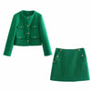 YENKYE Women 2022 Green Tweed Crop Blazer Coat Vintage Pockets Long Sleeve Autumn Winter Outerwear Single Breasted Tops