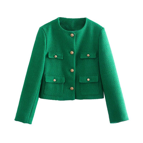 YENKYE Women 2022 Green Tweed Crop Blazer Coat Vintage Pockets Long Sleeve Autumn Winter Outerwear Single Breasted Tops