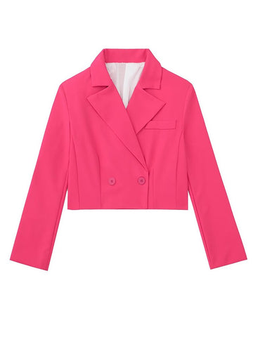 YENKYE  Women Double Breasted Pink Crop Blazer Coat Vintage Long Sleeve Female Outerwear Chic Tops