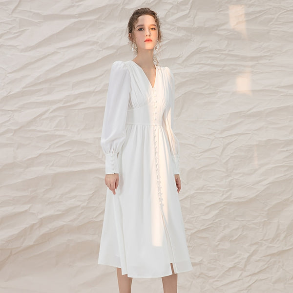 YIGELILA Women Autumn Long Dress Elegant V-neck Lantern Sleeve Dress Empire Slim Solid Dress Mid-length 66947