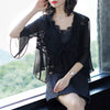 lace Blusas Women Kimono Cardigan Sexy Tops Cross Deep v neck Summer Blouse Wrap Shirt Tie Waist Top Chiffon Short Kimono