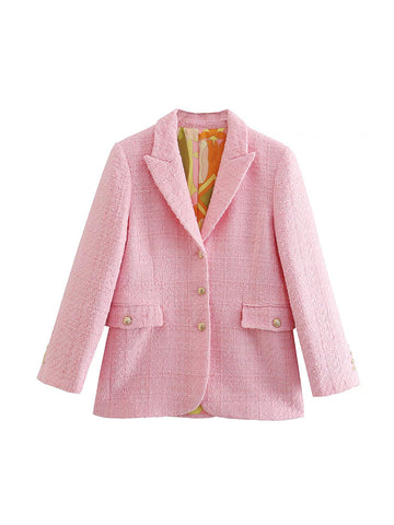 YLJHQX 2023 Women Pink Slim Suit Spring Elegant Office Ladies Long Sleeve Single Breasted Textured Blazer