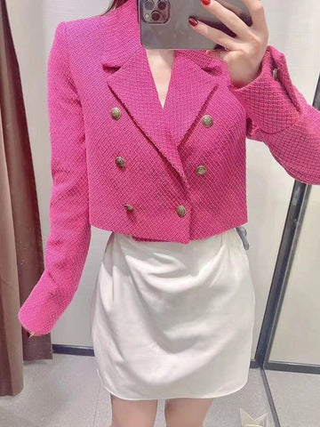 YLJHQX 2023 Women Rose Red Textured Blazer With Shoulder Pads Vintage Long Sleeve Double Breasted Female Short Jacket