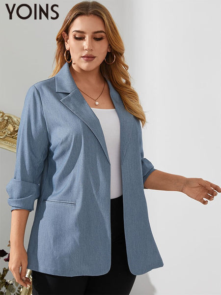 YOINS Blazer 2023 Autumn Long Sleeve Demin Blue Blazer Casual Loose Pockets Coats Plus Size Outwear Elegant Street Coat