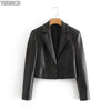 YOSIBCD Women 2022 Faux Leather Cropped Blazers Coat Vintage Notched Collar Long Sleeve Female Outerwear Chic Tops
