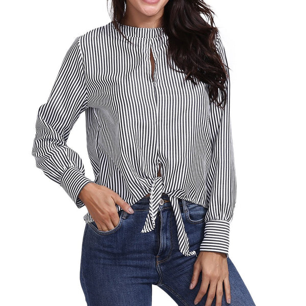 korean fashion clothing Autumn Long Sleeve Blouse Hollow Out Striped Print Office Shirt chemise femme manche longue