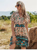 YYCZF 2023 Bohemia Floral Dress Women Casual V Neck High Waist Short Sleeve Print Dress For Women Summer Dress