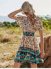 YYCZF 2023 Bohemia Floral Dress Women Casual V Neck High Waist Short Sleeve Print Dress For Women Summer Dress