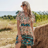 YYCZF 2023 Bohemia Floral Dress Women Casual V Neck High Waist Short Sleeve Print Dress For Women Summer Dress
