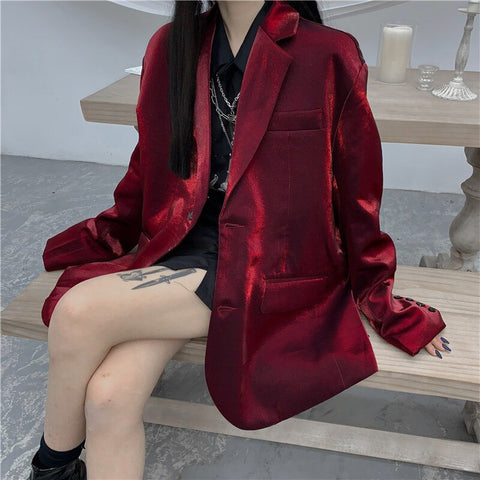 Yangelo Street Suit Jacket Women Spring Autumn 2022 Loose Vintage Office Lady Wine Red Blazer Party Chic Coat Woman