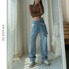Yedinas Vintage Asymmetrical Waist Hole Straight Jeans Womens Loose Denim Pants 2022 Casual Wide Leg Pants Streetwear Mom Jeans