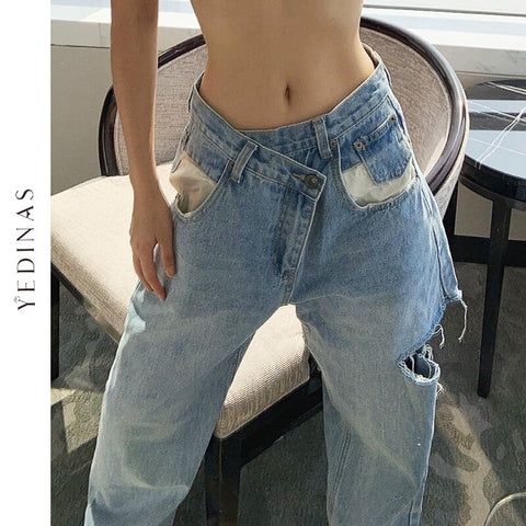 Yedinas Vintage Asymmetrical Waist Hole Straight Jeans Womens Loose Denim Pants 2022 Casual Wide Leg Pants Streetwear Mom Jeans