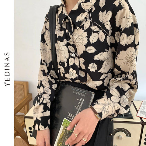 Yedinas Vintage Rose Print Shirt Women Elegant Blouse Female Long Sleeve Shirts Spring Casual Blouses Floral Womens Harajuku Top