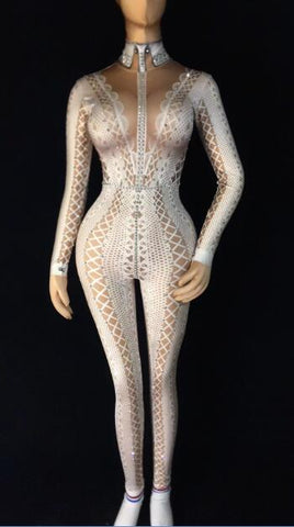 Yellow Black Or White Printed Rhinestones Jumpsuit Stretch One Piece Nightclub Singer Dancer Women's Party Wear Sexy Bodysuit