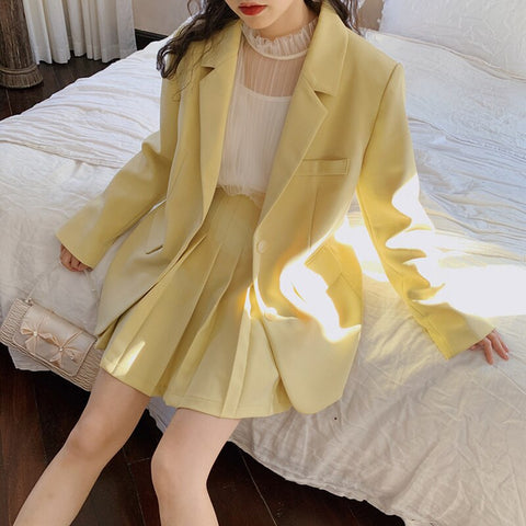 Yellow Mori Girl Blazer Set Preppy Style Solid Color Two Buttons Coat + Short Pleatd Skirt 2pcs Set Autumn Women 2 Piece Set