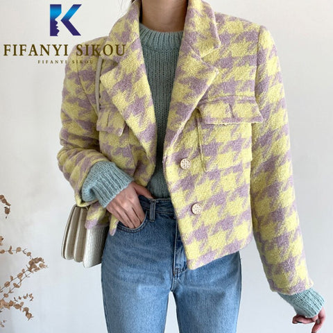 Yellow Plaid Blazer Jacket Women Autumn Winter Thick Warm Single Breasted Lapel Suit Jacket Ladies Casual Blazers Coat