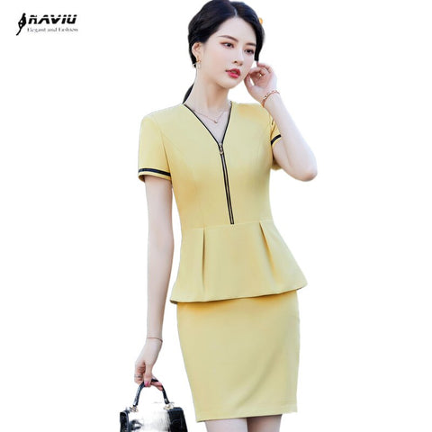 Yellow Suits Women Summer Thin High End Professional Temperament Short Sleeve Slim Blazer And Skirt Office Ladies Work Wear