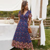 Yellow Summer Bohemian Women Floral Print Long Dress Slim V Neck Short Sleeve Female High Split Holiday Midi Dresses 2023 Robe