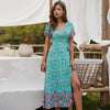 Yellow Summer Bohemian Women Floral Print Long Dress Slim V Neck Short Sleeve Female High Split Holiday Midi Dresses 2023 Robe