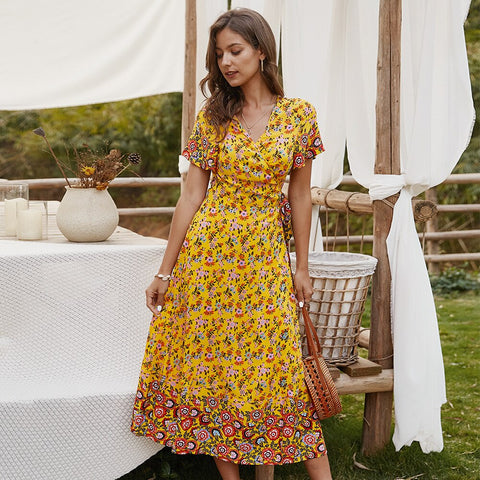 Yellow Summer Bohemian Women Floral Print Long Dress Slim V Neck Short Sleeve Female High Split Holiday Midi Dresses 2023 Robe