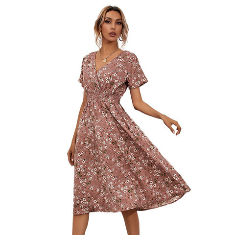 Yellow Vintage Floral Print Women Summer Dress 2022 Casual V-neck Short Sleeve A-line Chiffon Beach Midi Dresses Vestidos