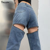 Yiallen Ladies Zipper Decoration Casual Jeans 2022 Summer Street Slim Long Blue Washed Stitching Button Jeans