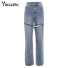 Yiallen Ladies Zipper Decoration Casual Jeans 2022 Summer Street Slim Long Blue Washed Stitching Button Jeans