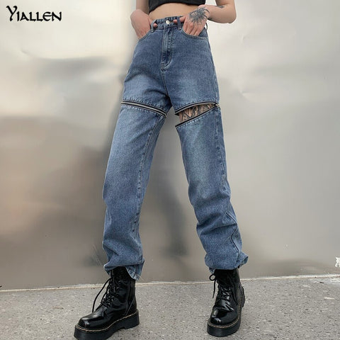 Yiallen Ladies Zipper Decoration Casual Jeans 2022 Summer Street Slim Long Blue Washed Stitching Button Jeans