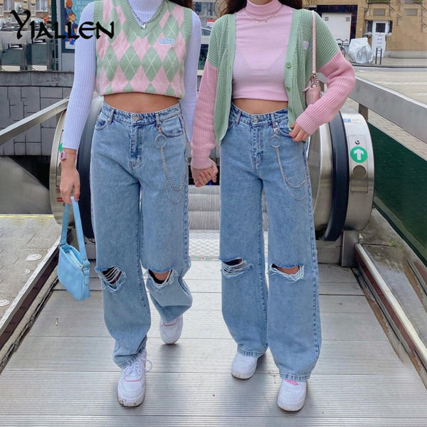 Yiallen Y2K Harajuku Letter Hole Pants Women High Waist Straight Jeans Chain Hip Hop Denim Casual Baggy Trousers Streetwear2022