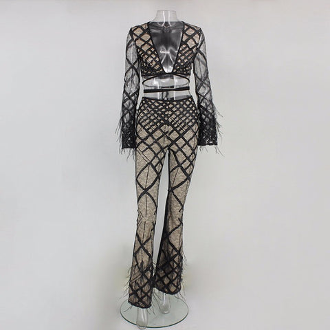 Black Women Feather Long Plausuit Sets Autumn Vintage Sequins Deep V Neck  Night Club Bandage Sexy Jumpsuit Rompers