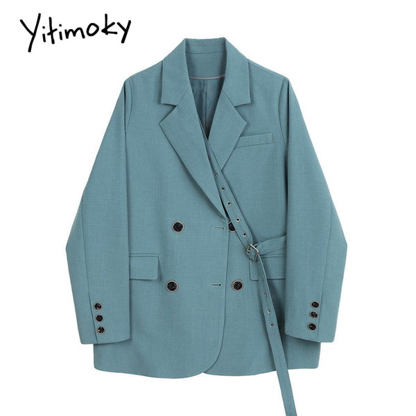 Yitimoky Women Button Ribbon Blazer Blue Long Sleeve Loose Casual Suits Coat 2022 Spring Korean Chic Classic Double Breasted