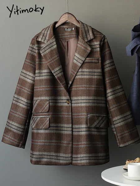 Yitimoky Womens Plaid Blazer Office Lady Oversized Coats Long Jackets Tops 2023 Spring Autumn Single Button Elegant Outwear