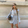 Yojoceli Autumn sexy pleated women skirt suit Elegant streetwear casual suit ladies blazer Lace up turn down collar blazer set
