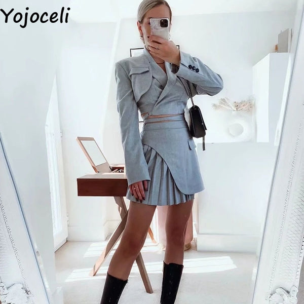 Yojoceli Autumn sexy pleated women skirt suit Elegant streetwear casual suit ladies blazer Lace up turn down collar blazer set