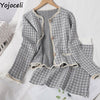 Yojoceli Elegant plaid knitted skirt suit Autumn winter sexy casual women suits with skirt Cool button tweed coats female