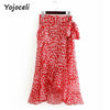 Ruffle bow print green skirt High waist chiffon chic women skirt Long casual sexy party bottom