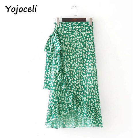 Ruffle bow print green skirt High waist chiffon chic women skirt Long casual sexy party bottom