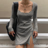 Yolozo Square Neck Lace Patchwork Bodycon Casual Dress Women Elegant Cotton Side Split Autumn White Mini Dress