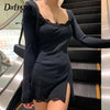 Yolozo Square Neck Lace Patchwork Bodycon Casual Dress Women Elegant Cotton Side Split Autumn White Mini Dress