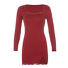 Yolozo Square Neck Lace Patchwork Bodycon Casual Dress Women Elegant Cotton Side Split Autumn White Mini Dress