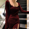 Yolozo Square Neck Lace Patchwork Bodycon Casual Dress Women Elegant Cotton Side Split Autumn White Mini Dress