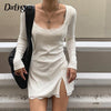 Yolozo Square Neck Lace Patchwork Bodycon Casual Dress Women Elegant Cotton Side Split Autumn White Mini Dress