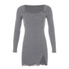 Yolozo Square Neck Lace Patchwork Bodycon Casual Dress Women Elegant Cotton Side Split Autumn White Mini Dress