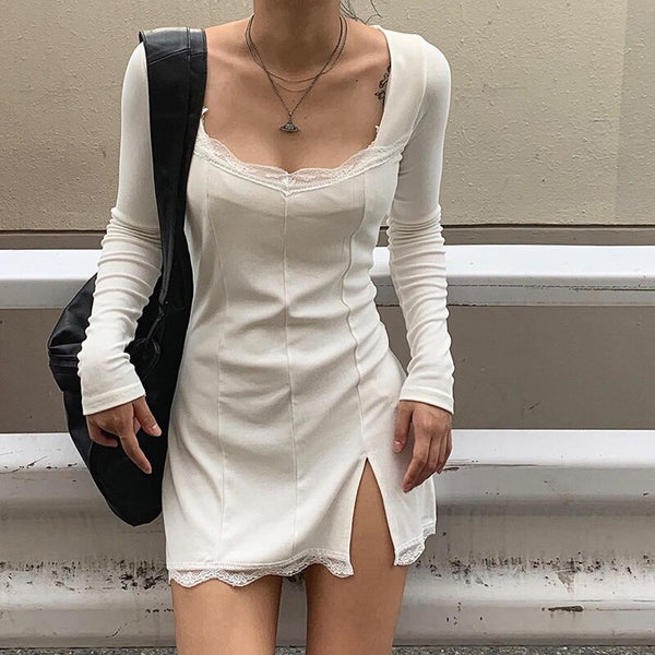 Yolozo Square Neck Lace Patchwork Bodycon Casual Dress Women Elegant Cotton Side Split Autumn White Mini Dress