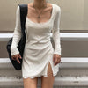 Yolozo Square Neck Lace Patchwork Bodycon Casual Dress Women Elegant Cotton Side Split Autumn White Mini Dress