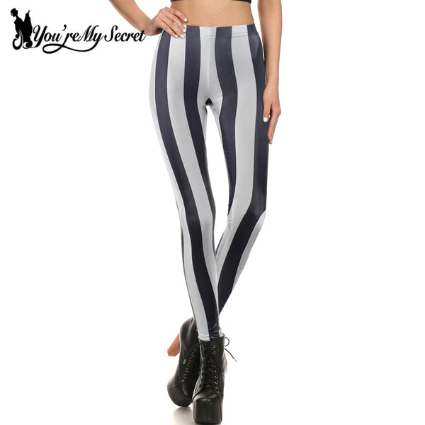 [You're My Secret] Fashion Black White Stripes Mid Leggings Women 3D Print Casual Fitness Leggins Women Spandex Polyester Pants