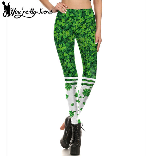 [You're My Secret] NEW St Patrick's Day Design Leggings Women Green Four Leaf Clover Luck Pants Fitness Elastic Party Leggings