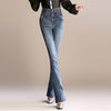 Ladies Casual High Waist Long Elastic Buttons Women Jeans Skinny Fit Slim Full Length Denim Flare Pants